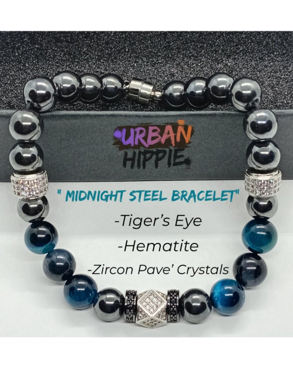 Gemstone Mens' Blue Tiger's Eye & Hematite Pave Crystal Bead Bracelet Clasp